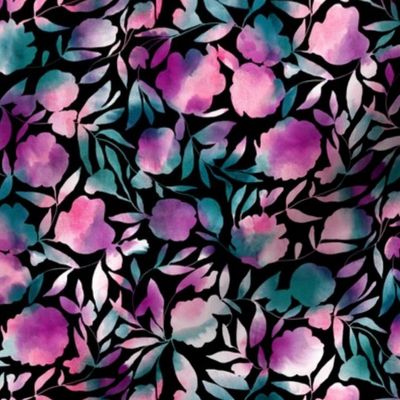 Watercolor papercut floral purple teal and black medium scale