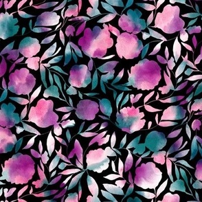 Watercolor papercut floral purple teal and black medium scale