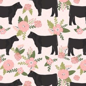 cow floral fabric - cattle fabric, cow fabric -  peach