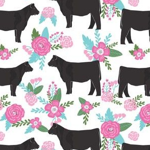 cow floral fabric - cattle fabric, cow fabric - teal
