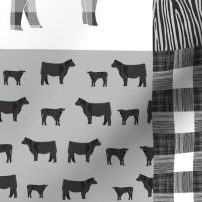 cow quilt fabric - black cattle fabric, cow fabric -  black and grey