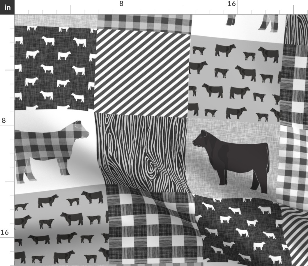cow quilt fabric - black cattle fabric, cow fabric -  black and grey
