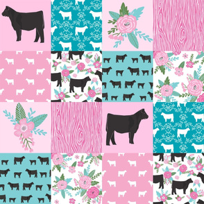 cow quilt fabric - black cattle fabric, cow fabric - teal and pink