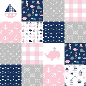 Nautical_June15_20 | Wholecloth Quilt | Pink Navy Grey 