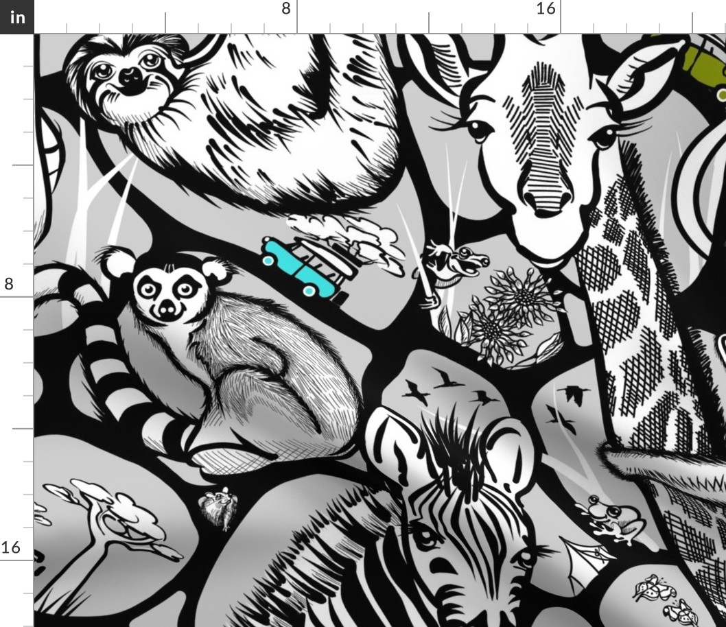 Line Art Safari Wallpaper Large | Black+White+Lt Gray