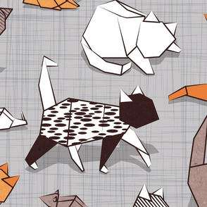 Large jumbo scale // Origami kitten friends // grey linen texture background paper cats