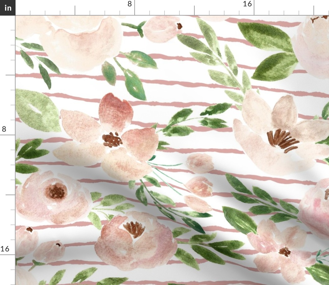 springtime blush metallic watercolor florals  on pink  stripes 