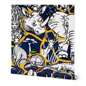 Line Art Safari Wallpaper Adventure | Navy + Deep Yellow 