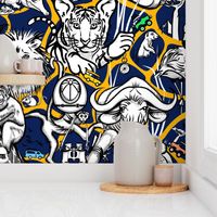 Line Art Safari Wallpaper Adventure | Navy + Deep Yellow 