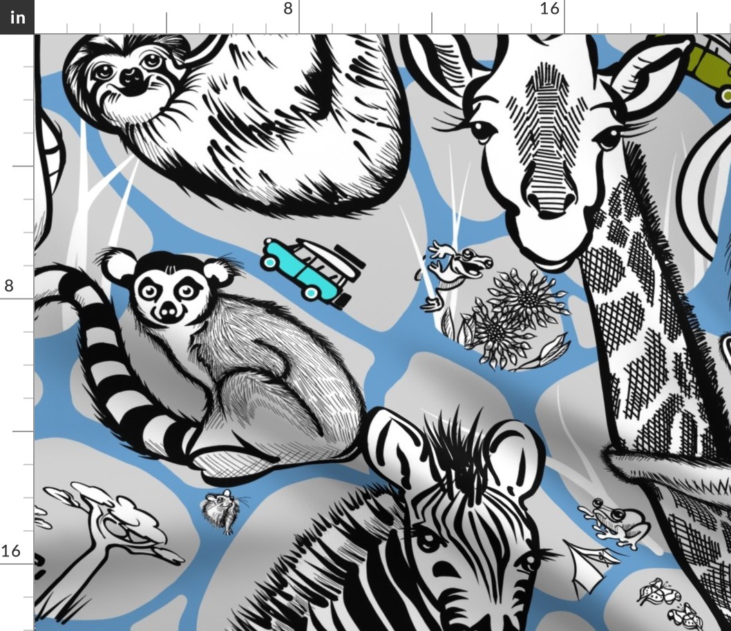 Line Art Safari Wallpaper Adventure Large | Medium Blue + Gray