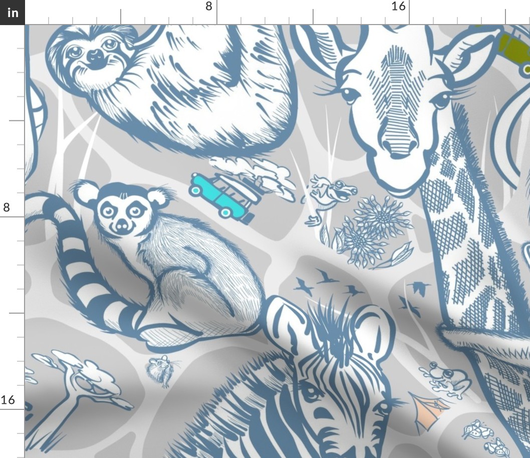 Line Art Safari Wallpaper Adventure | Dusty Cottage Blue