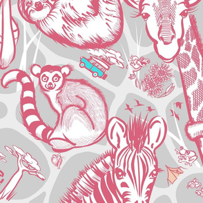 Line Art Safari Wallpaper Adventure | Pink + Soft Gray