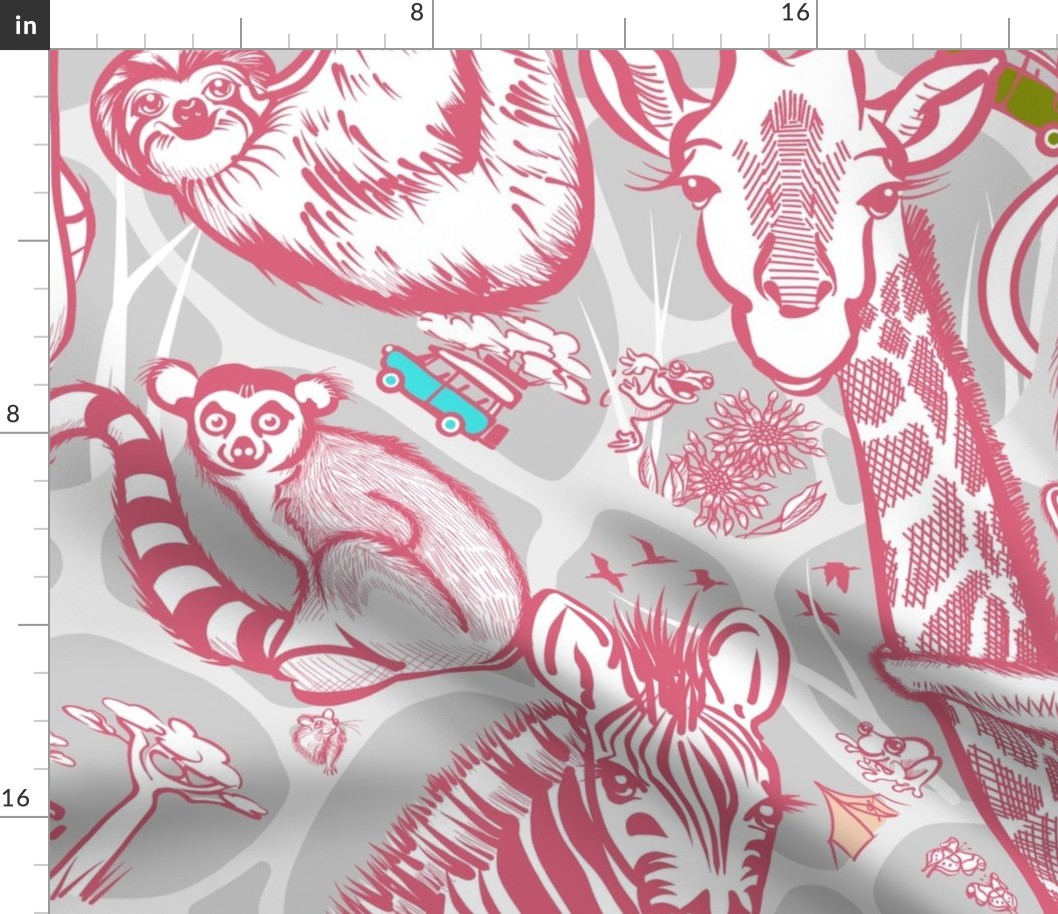 Line Art Safari Wallpaper Adventure | Pink + Soft Gray