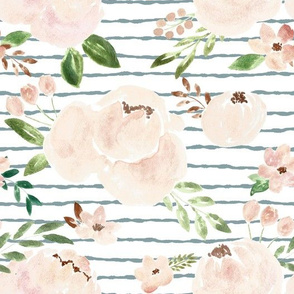 springtime blush metallic watercolor - peony - blue stripes