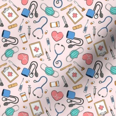 (small scale) medical supplies - doctor / nurse fabric - blue & pink on pink - LAD20