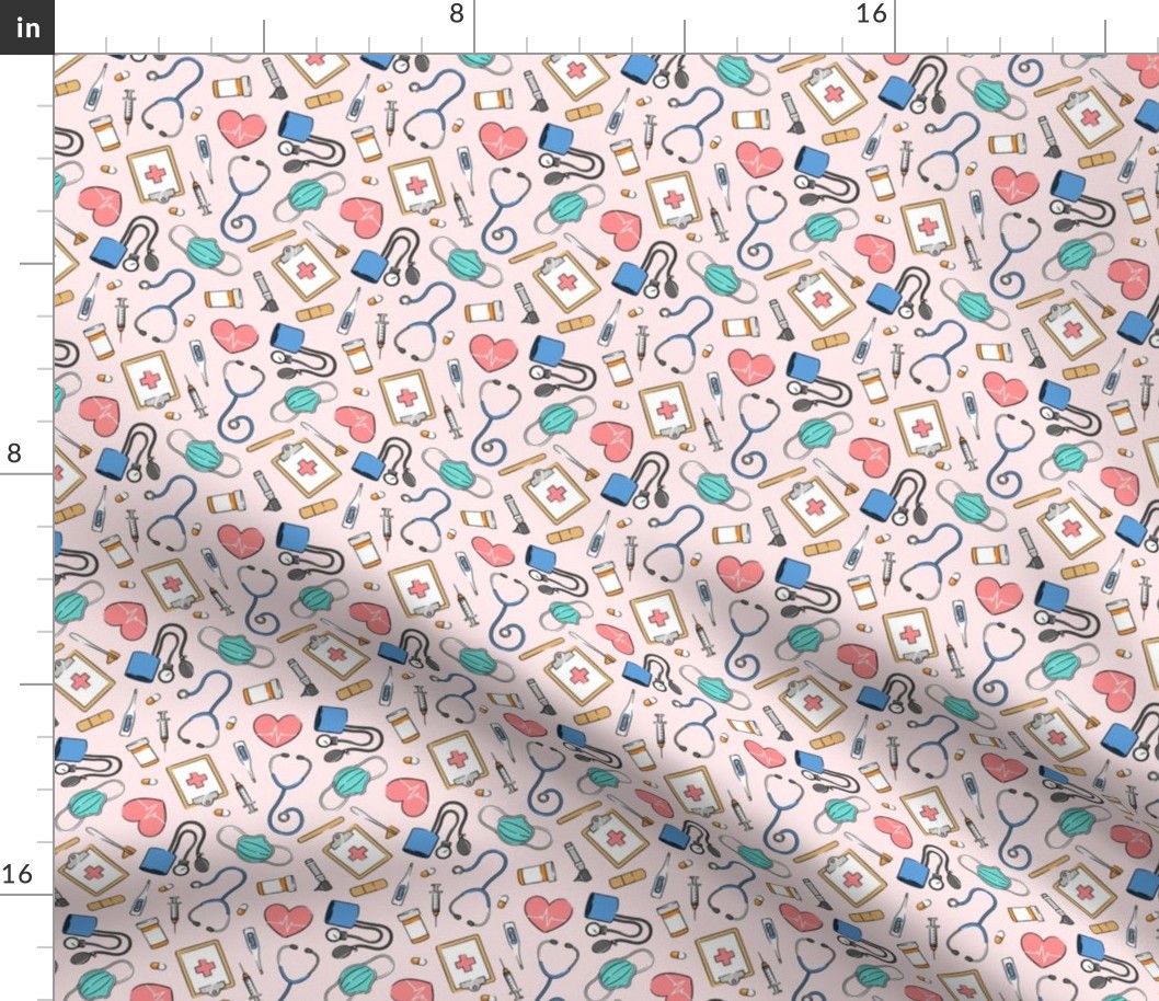 (small scale) medical supplies - doctor / nurse fabric - blue & pink on pink - LAD20