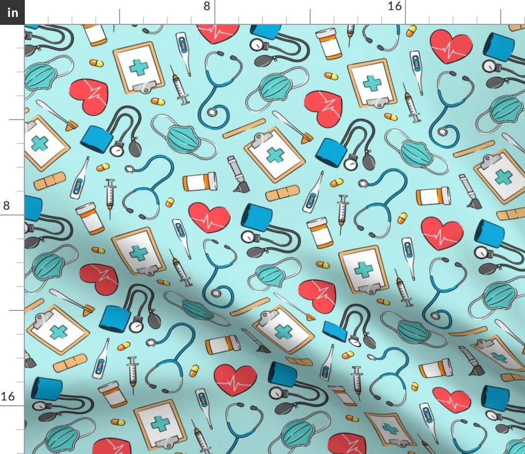medical supplies - doctor / nurse fabric - blue & red on light teal - LAD20