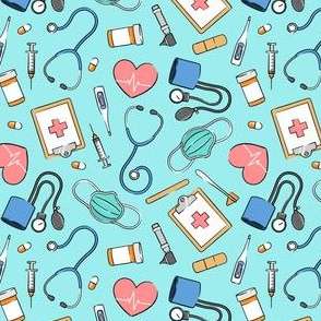 (small scale) medical supplies - doctor / nurse fabric - blue & pink on light teal - LAD20