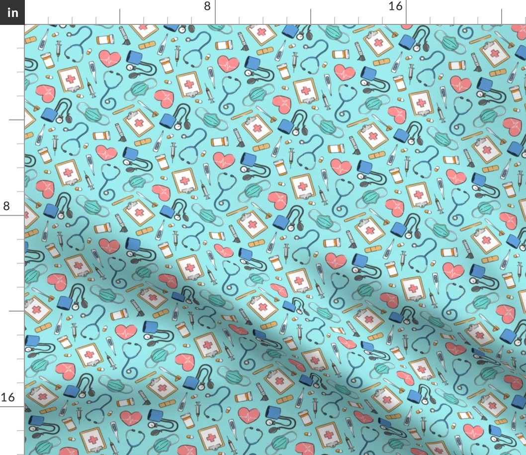 (small scale) medical supplies - doctor / nurse fabric - blue & pink on light teal - LAD20