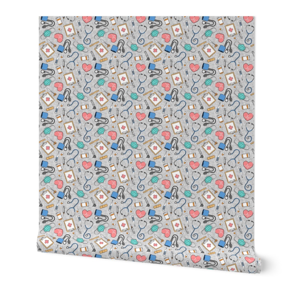 (small scale) medical supplies - doctor / nurse fabric - blue & pink on grey linen - LAD20