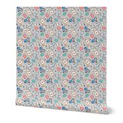 (small scale) medical supplies - doctor / nurse fabric - blue & pink on grey linen - LAD20