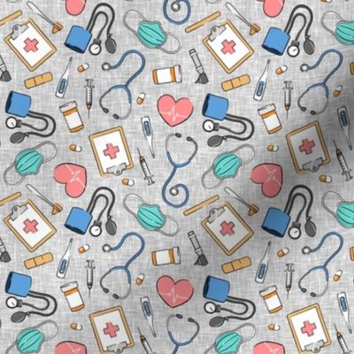 (small scale) medical supplies - doctor / nurse fabric - blue & pink on grey linen - LAD20