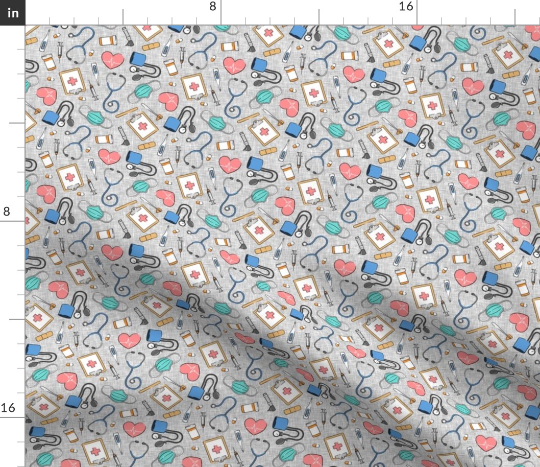 (small scale) medical supplies - doctor / nurse fabric - blue & pink on grey linen - LAD20