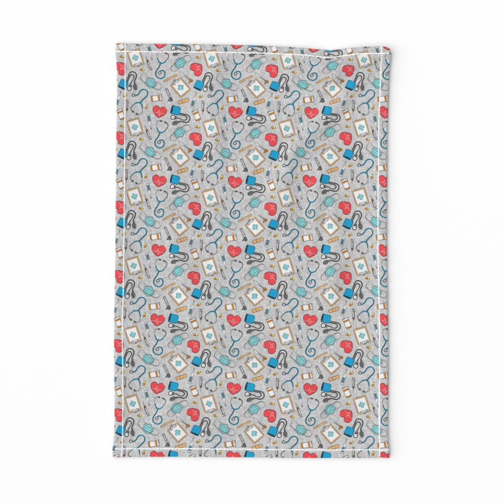 (small scale) medical supplies - doctor / nurse fabric - blue & red on grey linen - LAD20