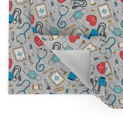 (small scale) medical supplies - doctor / nurse fabric - blue & red on grey linen - LAD20