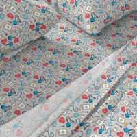 (small scale) medical supplies - doctor / nurse fabric - blue & red on grey linen - LAD20