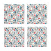 (small scale) medical supplies - doctor / nurse fabric - blue & red on grey linen - LAD20