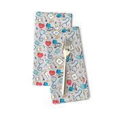 (small scale) medical supplies - doctor / nurse fabric - blue & red on grey linen - LAD20