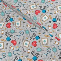 (small scale) medical supplies - doctor / nurse fabric - blue & red on grey linen - LAD20