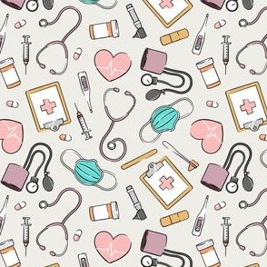 (small scale) medical supplies - doctor / nurse fabric - mauve & pink on bone - LAD20