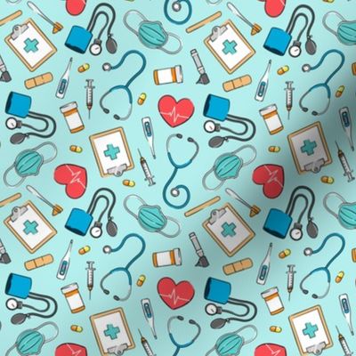 (small scale) medical supplies - doctor / nurse fabric - blue & red on light teal - LAD20
