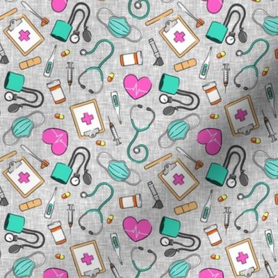 (small scale) medical supplies - doctor / nurse fabric - pink and teal on grey linen - LAD20