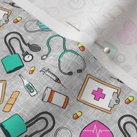 (small scale) medical supplies - doctor / nurse fabric - pink and teal on grey linen - LAD20