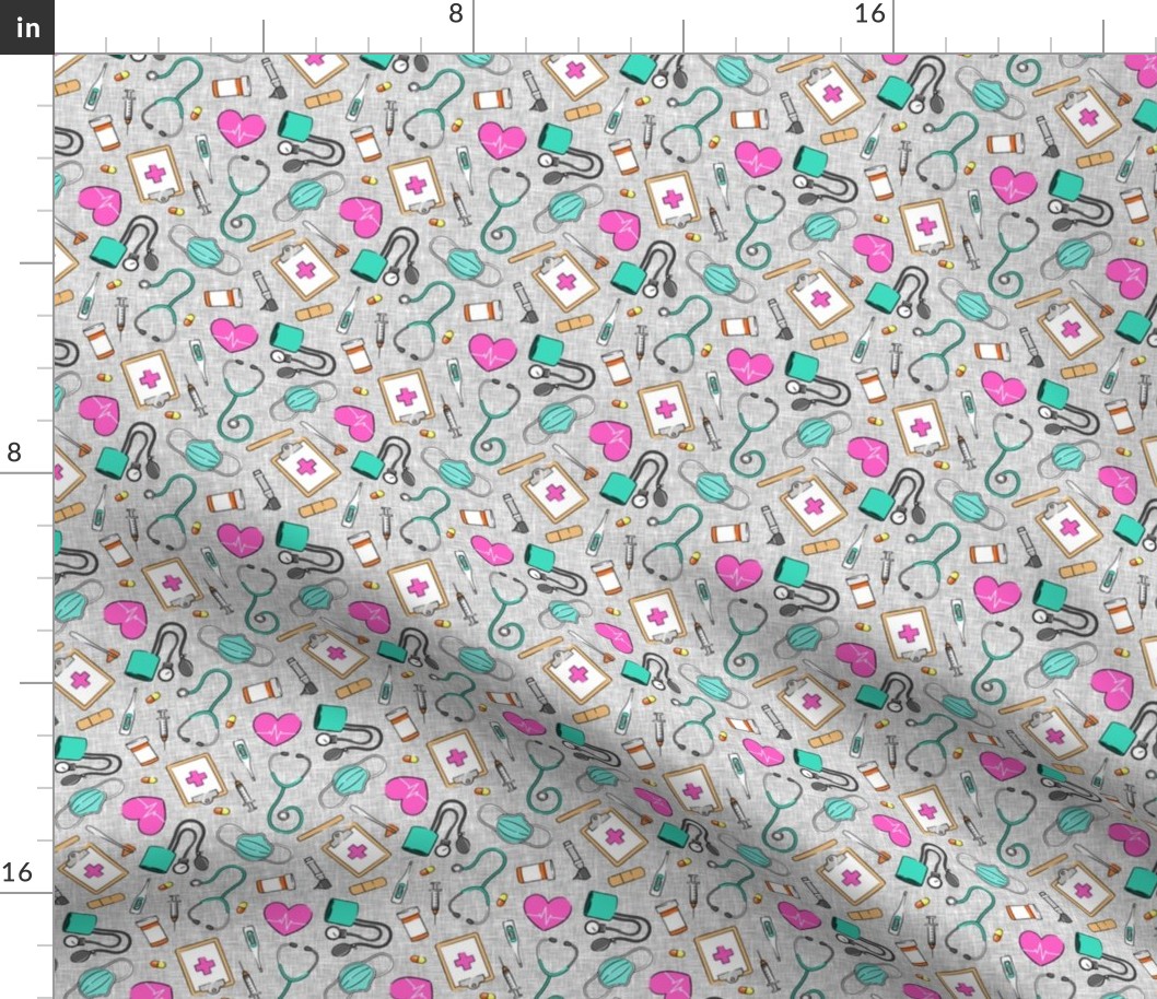 (small scale) medical supplies - doctor / nurse fabric - pink and teal on grey linen - LAD20