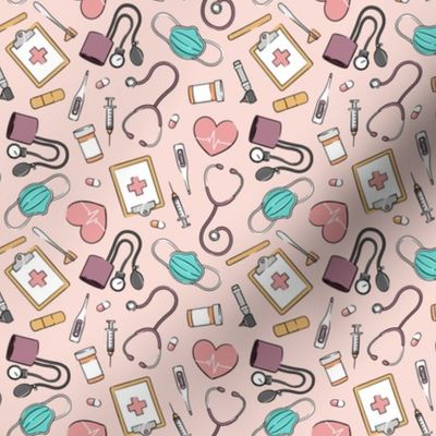 (small scale) medical supplies - doctor / nurse fabric - mauve & pink on pink - LAD20