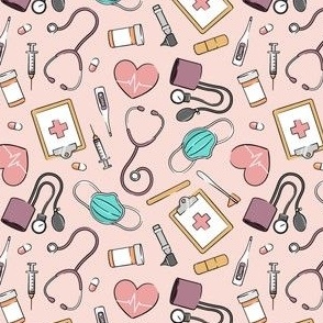 (small scale) medical supplies - doctor / nurse fabric - mauve & pink on pink - LAD20