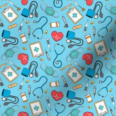 (small scale) medical supplies - doctor / nurse fabric - blue & red on blue - LAD20