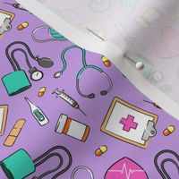 (small scale) medical supplies - doctor / nurse fabric - pink and teal on purple - LAD20