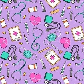 (small scale) medical supplies - doctor / nurse fabric - pink and teal on purple - LAD20