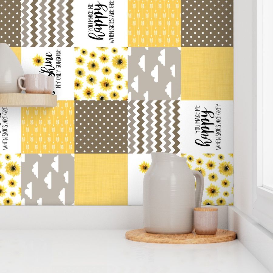 You are my sunshine//Sunflowers//Yellow&Brown - Wholecloth Cheater Quilt - Rotated