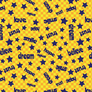 Bright orange, yellow and blue with navy blue words of positivity