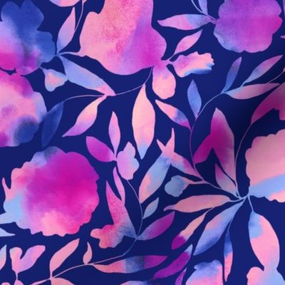Watercolor papercut floral in pink and blue on blue large scale