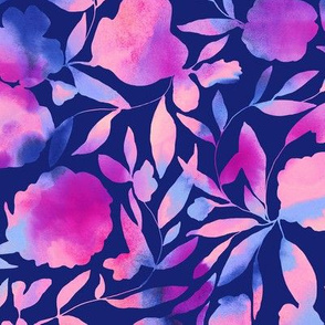 Watercolor papercut floral in pink and blue on blue large scale