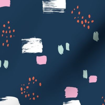 Paint strokes and brush spots dots raw abstract minimal LA Memphis style design boho nursery navy blue mint pink coral