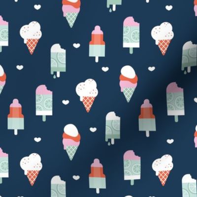 Colorful sweet summer ice cream popsicle sugar cone kids food illustration navy blue mint SMALL