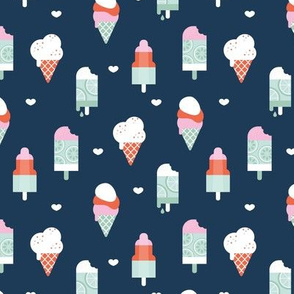 Colorful sweet summer ice cream popsicle sugar cone kids food illustration navy blue mint SMALL